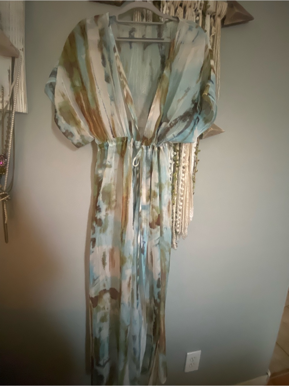 Flowy Watercolor Maxi Swimsuit Coverup in Sky Blue and Olive